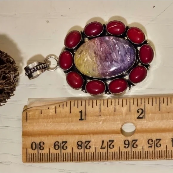 Rainbow Solar Quartz / Red Coral Pendant - passion, prosperity, promote harmony - Picture 3 of 3